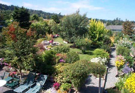 een uitzicht over een park met banken en bloemen bij Island View B&B in Nanaimo