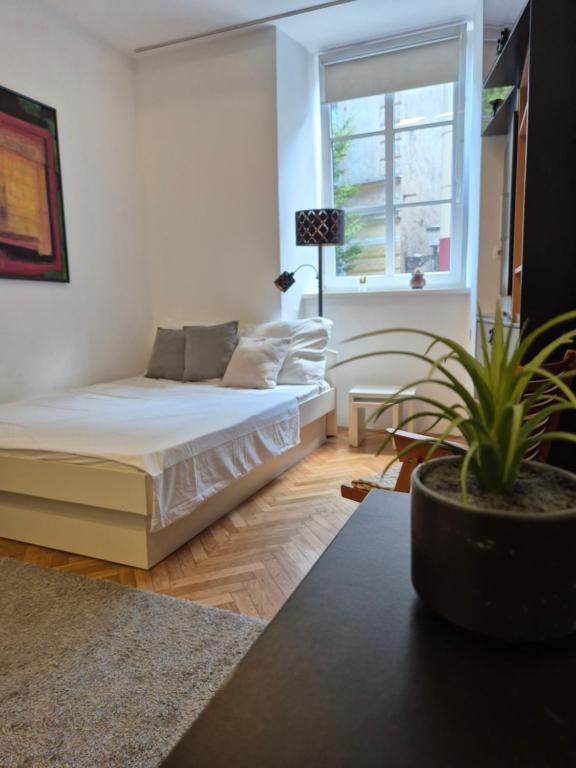 a living room with a bed and a window at Ritual Studio City Center in Ljubljana