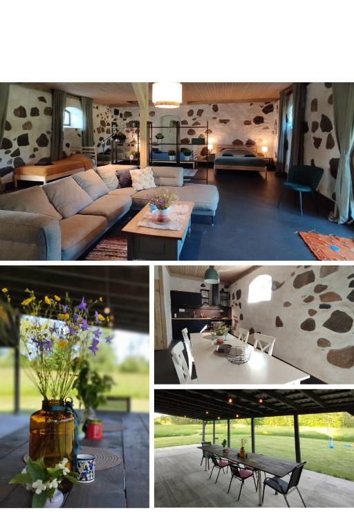 a collage of pictures of a living room and a living room at Ģimenes "Akmens Māja" in Stokas