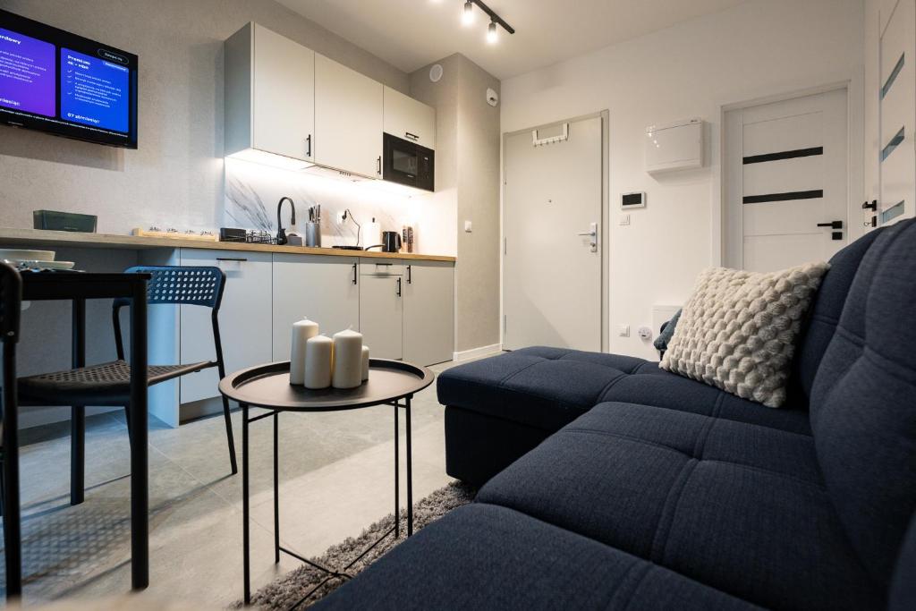 salon z niebieską kanapą i stołem w obiekcie Work and Rest Apartment by Fengshui4u, cowroking, siłownia, nowy budynek, dostęp na kod w Łodzi