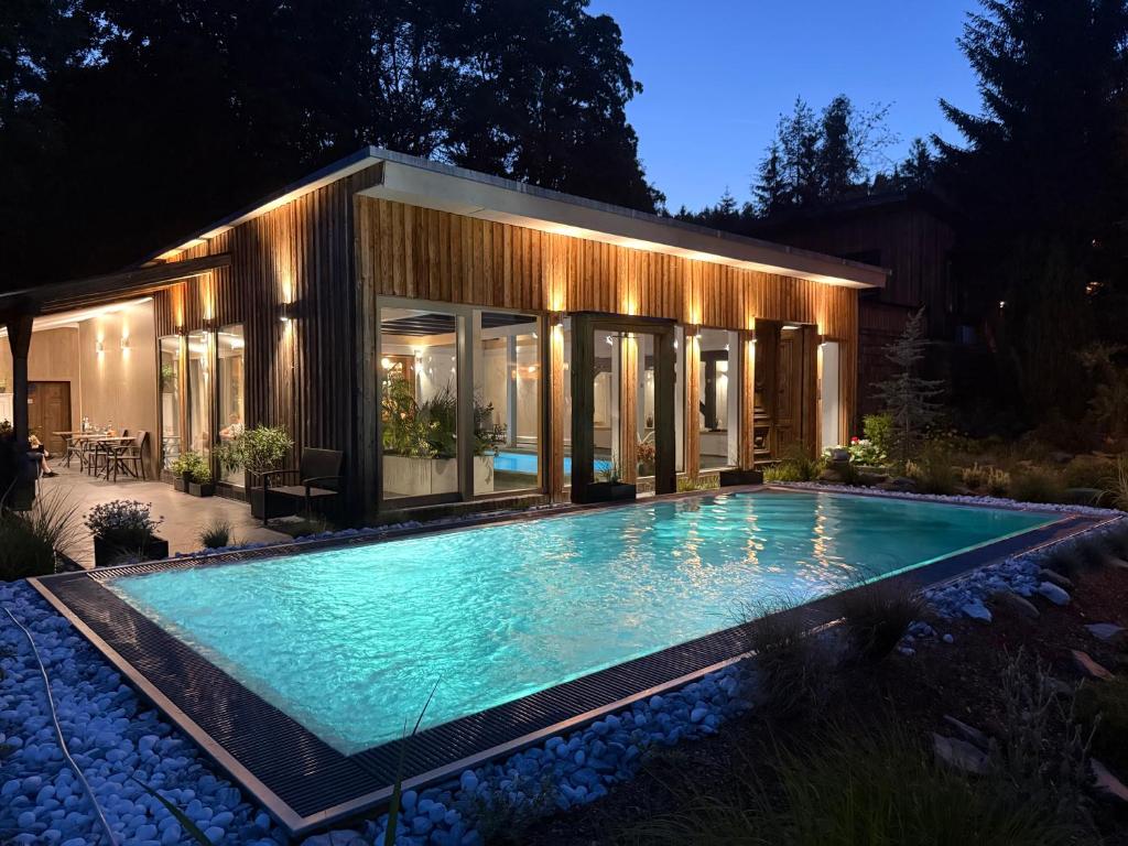 a swimming pool in front of a house at night at Welness penzion Modrý jelen in Lipno nad Vltavou