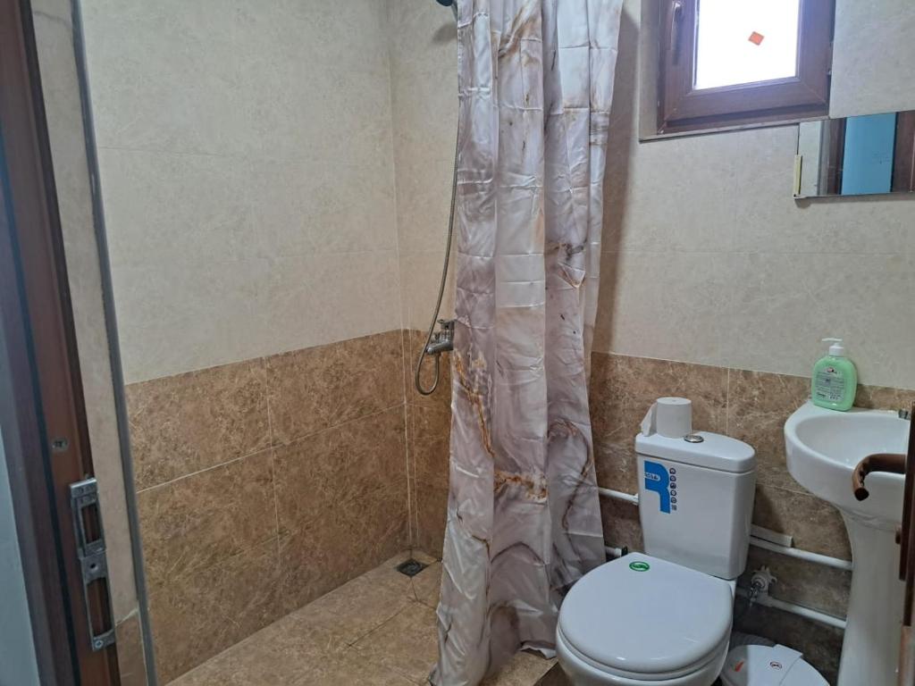 Un baño con ducha, inodoro y lavabo. en Elmira B&B, en Tatʼev