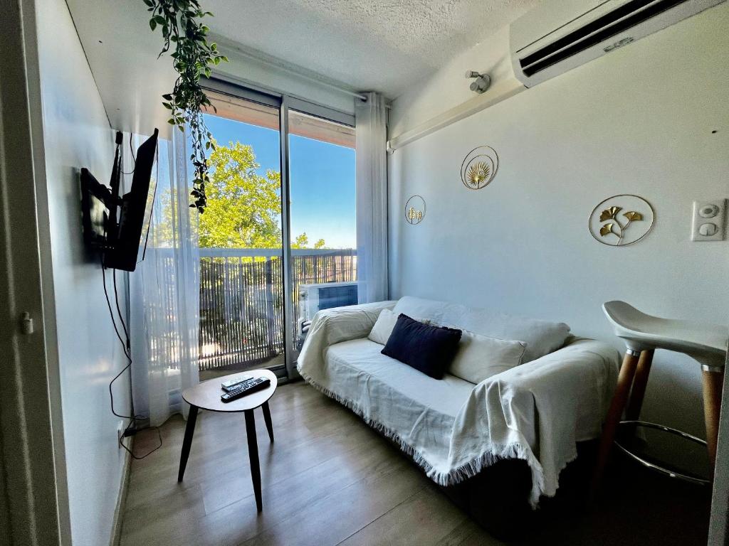 un salon avec un canapé et une grande fenêtre dans l'établissement Carnon Port - Studio, Clim & Parking, à Mauguio