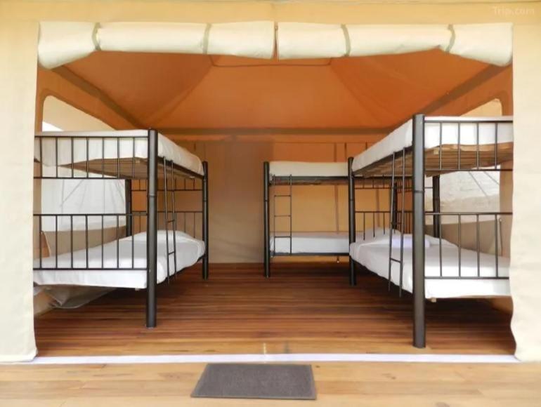 two bunk beds in a room with wooden floors at Glamping Villa de Leyva in Estación El Salto