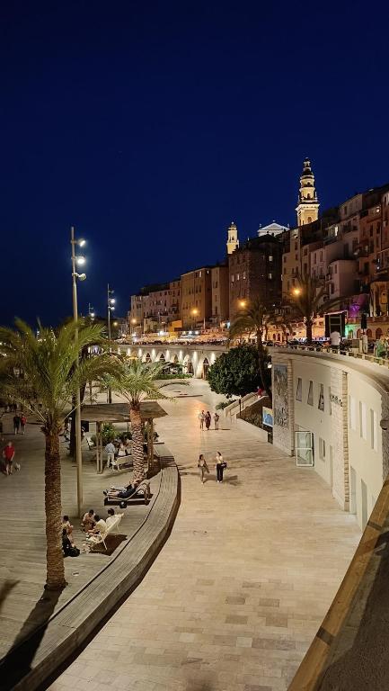 une rue de la ville de nuit avec des palmiers et des gens dans l'établissement Your favorite apartments, à Menton