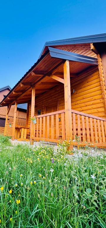 a wooden house with a porch and a field of grass at Alfa Omega Žabljak in Žabljak