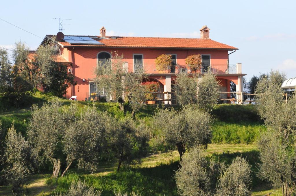 an orange house on a hill with olive trees at Olivia B&B and Apartment in Cantagrillo