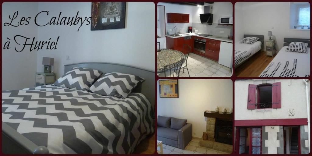 a collage of four pictures of a bedroom at Les Calaubys in Huriel