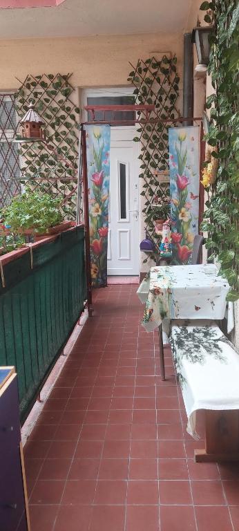 a porch with a white door and some plants at Valentina Guesthouse in Budapest