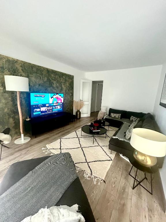 un salon avec un canapé et une télévision à écran plat dans l'établissement Confort cosy, à Paris