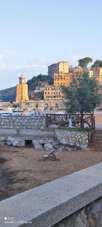 a stone wall with a tree in front of a city at Casa della spiaggetta in Rio Marina