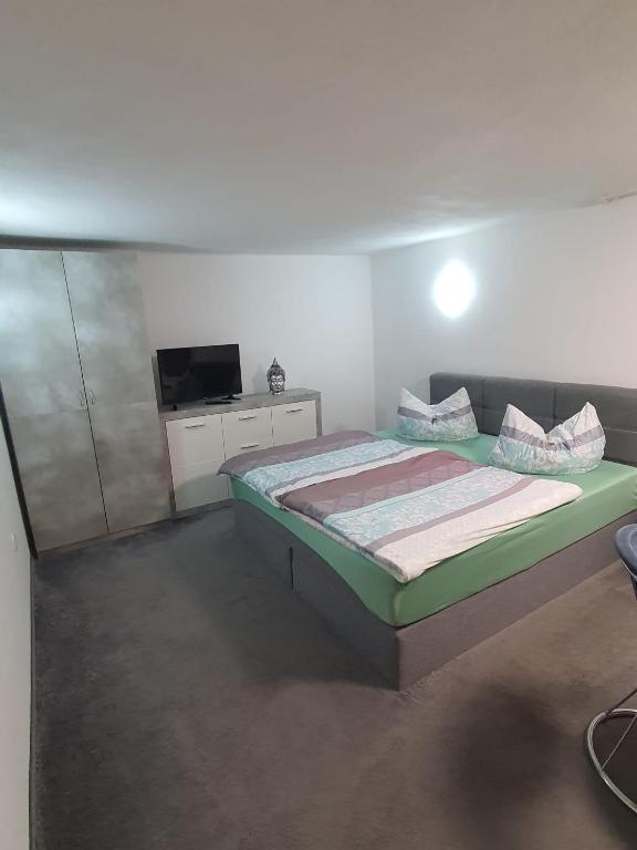 a bedroom with a large bed and a television at Ferienhaus Cziuppa in Bad Salzungen