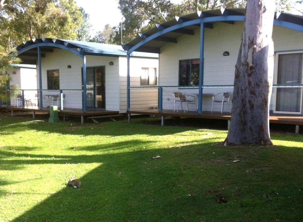 una casa blanca con un árbol en el patio en Edgewater Holiday Park, en Port Macquarie