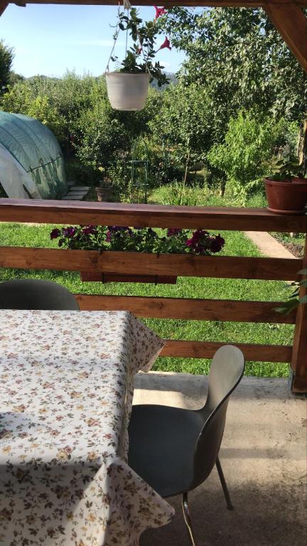 a patio with a table and a chair and a plant at Casa EDI in Ferihaza
