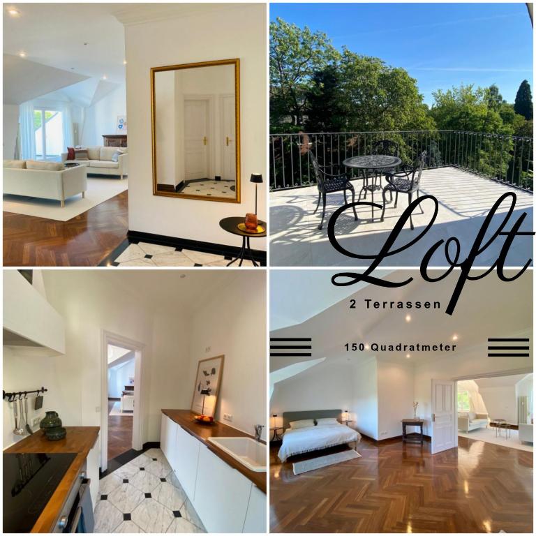 a collage of photos of a house at Design-Loft mit 2 Balkonen am Stadtwald - 20 min zur Messe Düsseldorf in Krefeld