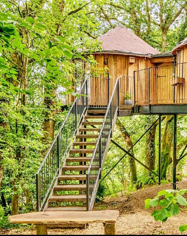 a tree house with stairs leading up to it at Treehouse In Devon - riverside woodland hideaway in Beaworthy