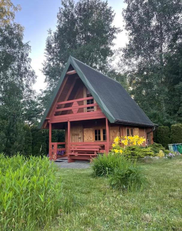 a red cabin with a black roof in a field at Jesionowy domek in Augustów