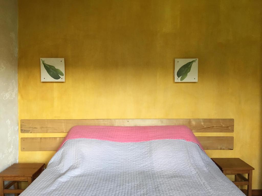een slaapkamer met een bed met twee foto's aan de muur bij Gite de Serrelongue in Montségur