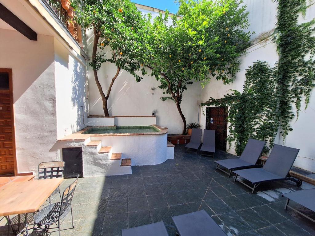 eine Terrasse mit Stühlen, einem Pool und Bäumen in der Unterkunft Hotel Casa de los Azulejos in Córdoba