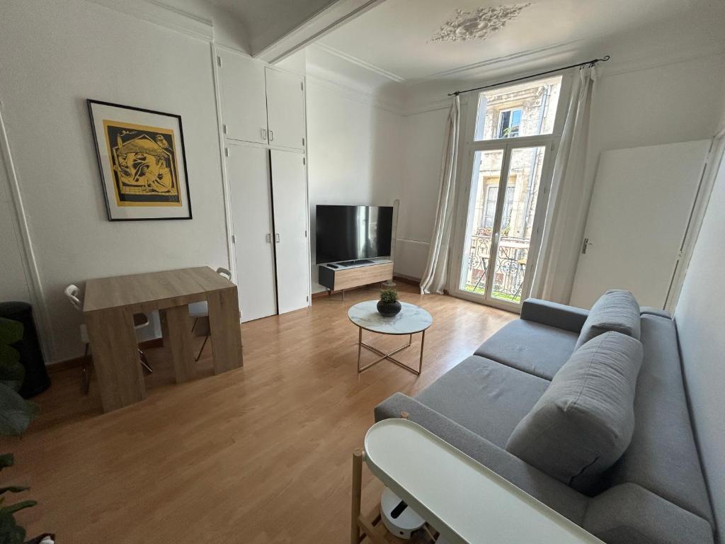 a living room with a couch and a tv at T2 centre historique écusson in Montpellier