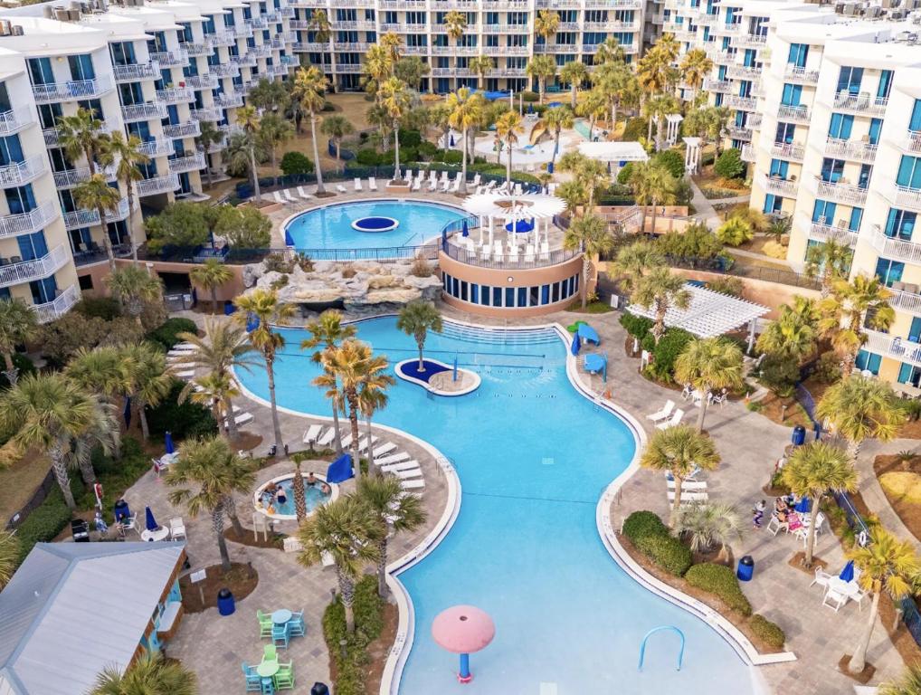 an aerial view of the pool at the resort at Gulf-Front Waterscape B401 Sundrenched in Fort Walton Beach