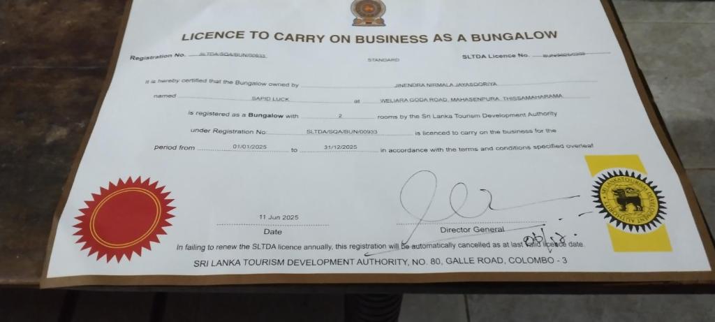 Certifikát, hodnocení, plakát nebo jiný dokument vystavený v ubytování Hotel Sapid Luck Yala Safari