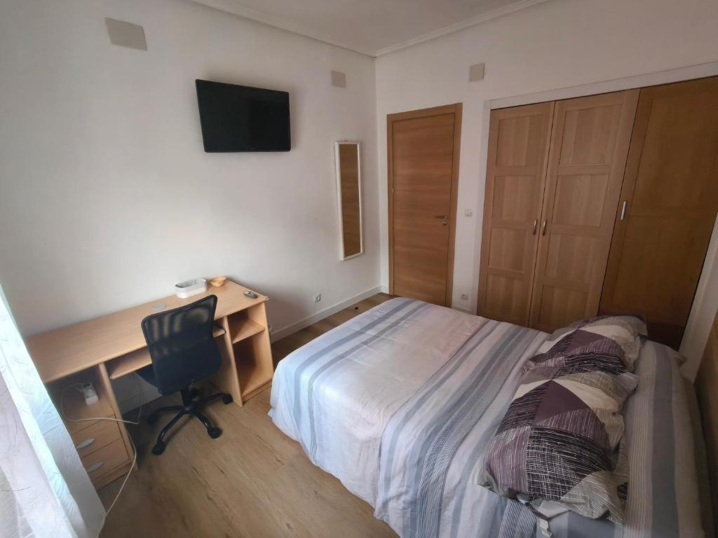 a bedroom with a bed and a desk and a chair at Habitación centro Bilbao zona artística in Bilbao