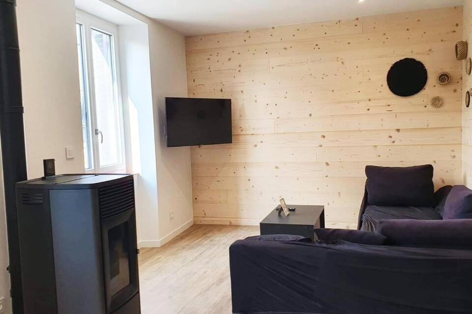 a living room with a couch and a flat screen tv at GITE DE LA VIEILLE TOUR Murol 63790 in Murol