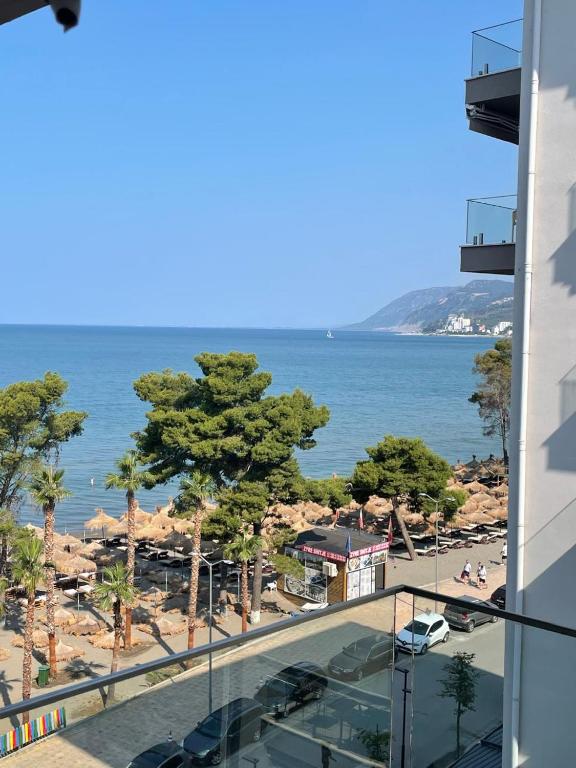 a view of the ocean from a building at Dolce Mare Luxury Apartment in Shëngjin