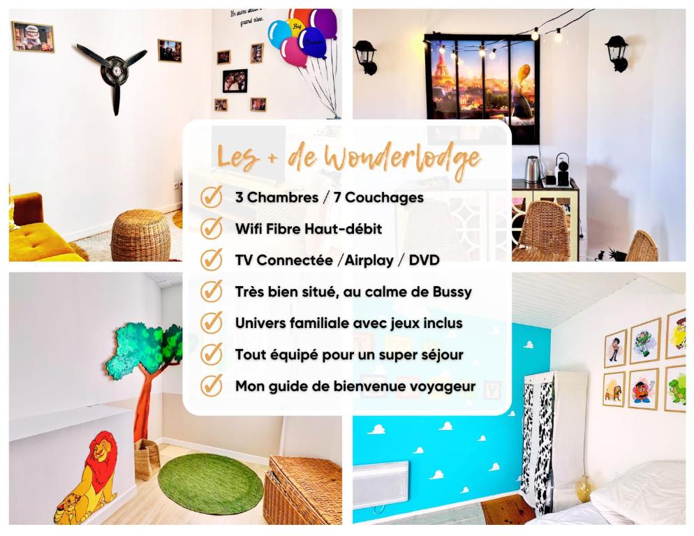 a collage of photos of a living room with a flyer at Maison WonderLodge - Déco Disney - Jeux pour tous - Proche Disney et Paris in Bussy-Saint-Georges
