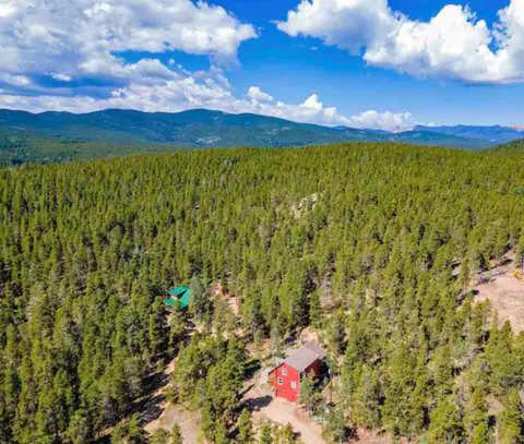 an aerial view of a forest with a red house at Arapaho Forest Lodge w Hot Tub + Trail Access in Nederland