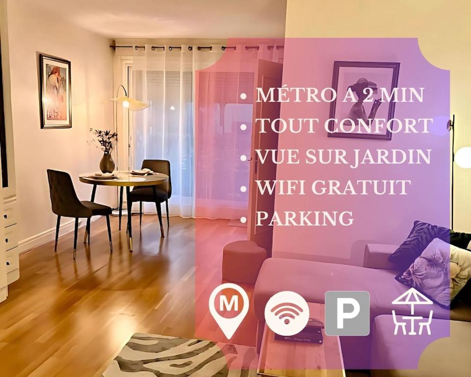 a living room with a purple couch and a table at L'écrin du 12- Studio élégant sur jardin avec parking in Paris
