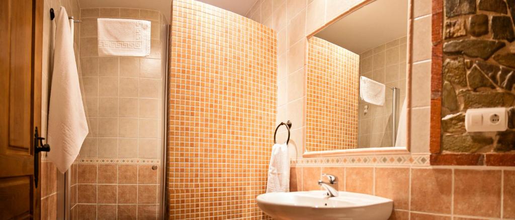 un baño con lavabo y espejo en Hotel Rural El Habanero, en Destriana