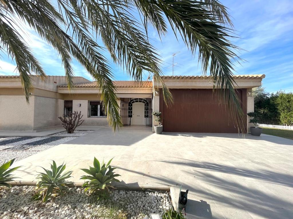 una casa con una palmera delante en Villa de lujo al lado del mar, piscina, garaje wifi, AACC, en Alicante