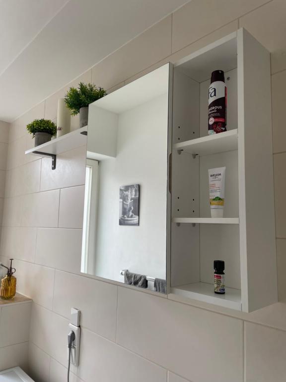 a bathroom with a mirror and a sink at Zuhause auf Zeit Ruhige Lage Parkplatz Wifi in Braunschweig