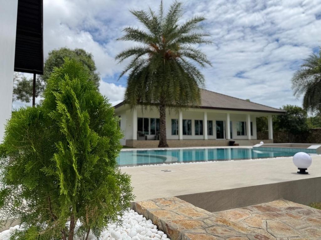 a house with a swimming pool and a palm tree at Arom Pool Villa Pattaya 1 in Na Jomtien