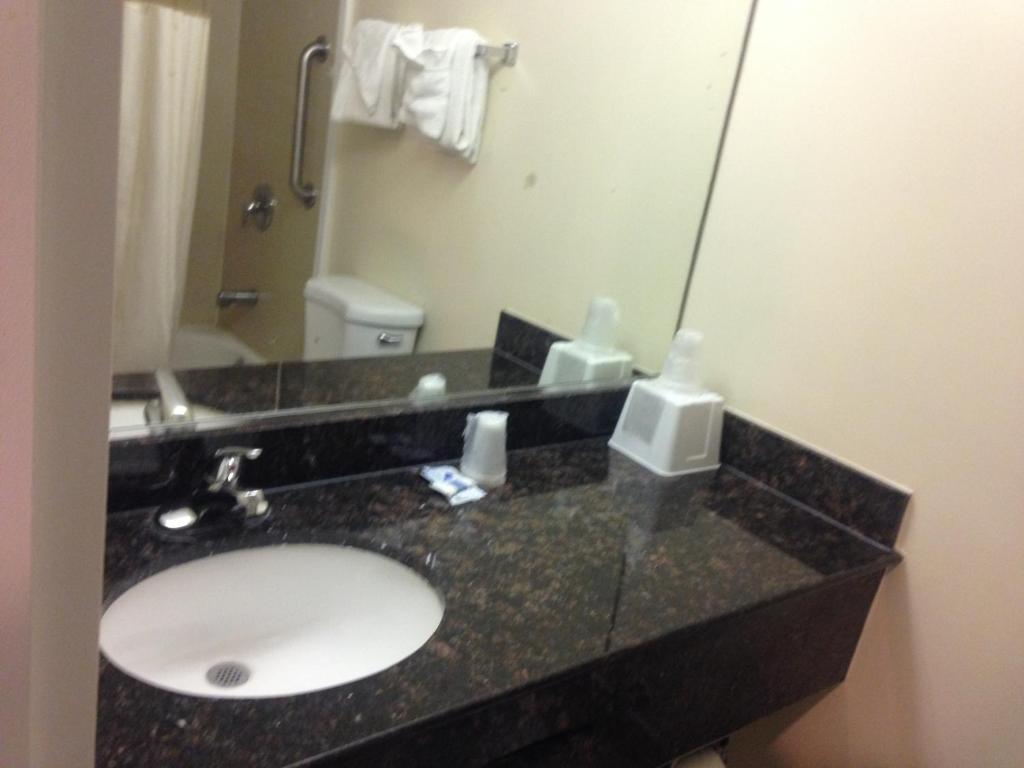 a bathroom with a sink and a mirror at Red Carpet Inn - New Brunswick in New Brunswick