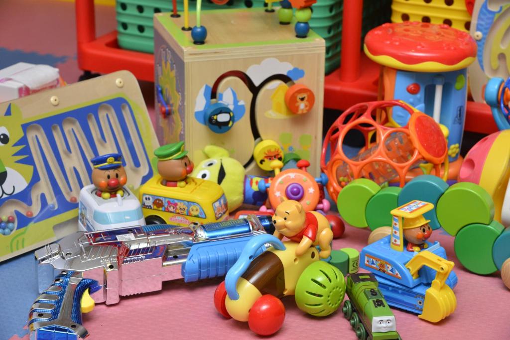 a toy set of toys on a pink table at Hotel Ocean (Kokusai-Dori) in Naha