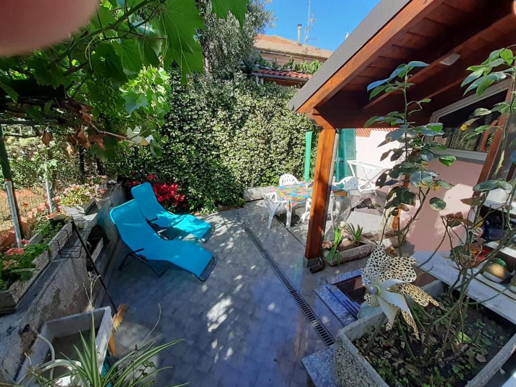 un patio con una silla azul y algunas plantas en La casetta di Gianni, en Gorleri