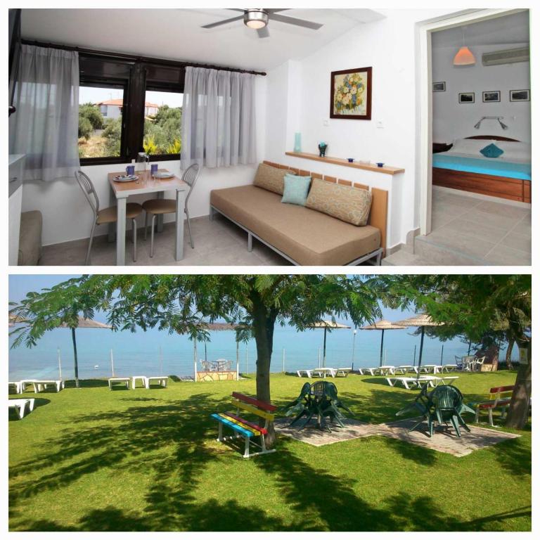 a bedroom and a living room with a view of the ocean at Villa Alexandra Suites in Polychrono