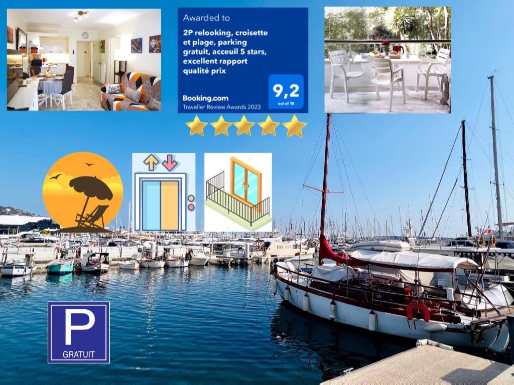 un collage di foto con una barca in un porto turistico di LB Vacation Rentals I Cannes Croisette, Large Terrace, Free Parking, Beaches a Cannes