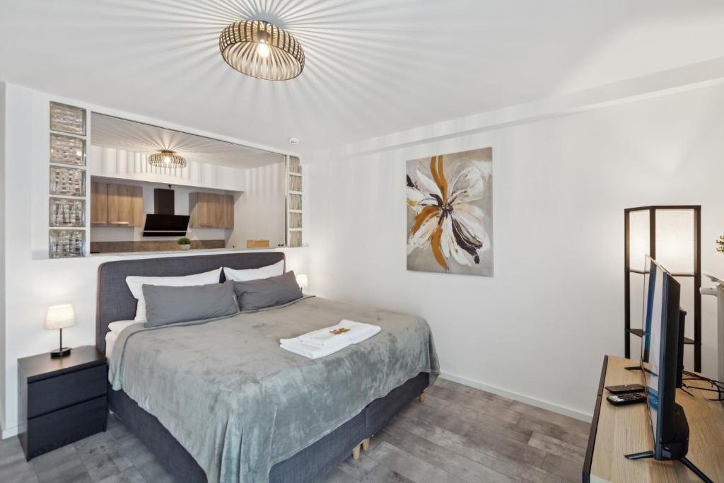 a bedroom with a bed and a desk and a television at Schönes City Apartment Wuppertal in Wuppertal