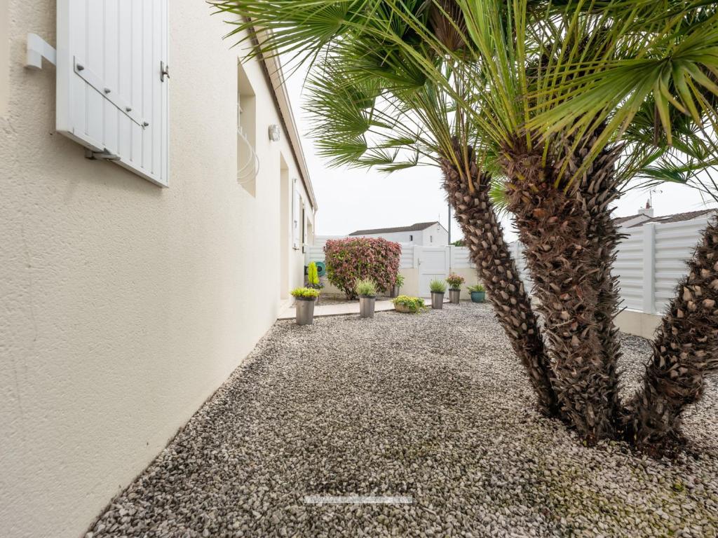 un palmier est à côté d'un bâtiment blanc dans l'établissement Maison 3 chambres aux Sables-d'Olonne avec jardin clos, véranda et proche commerces et plages. - FR-1-197-576, à Les Sables-dʼOlonne