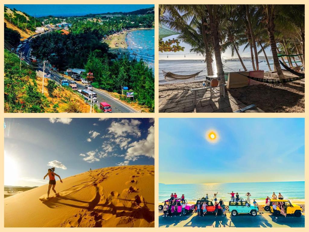 a collage of photos with people on the beach at Nhà Nghỉ Trường Sinh Mũi Né in Ấp Long Sơn
