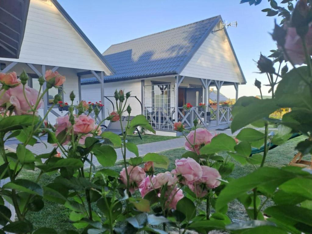 a house with pink roses in front of it at Domki u Ani Rusinowo in Rusinowo