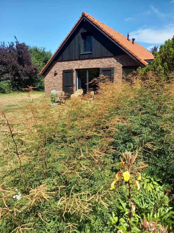 a small house on a hill with a grass field at Natuurhuis Marke Lemselo 80 m2 in Weerselo