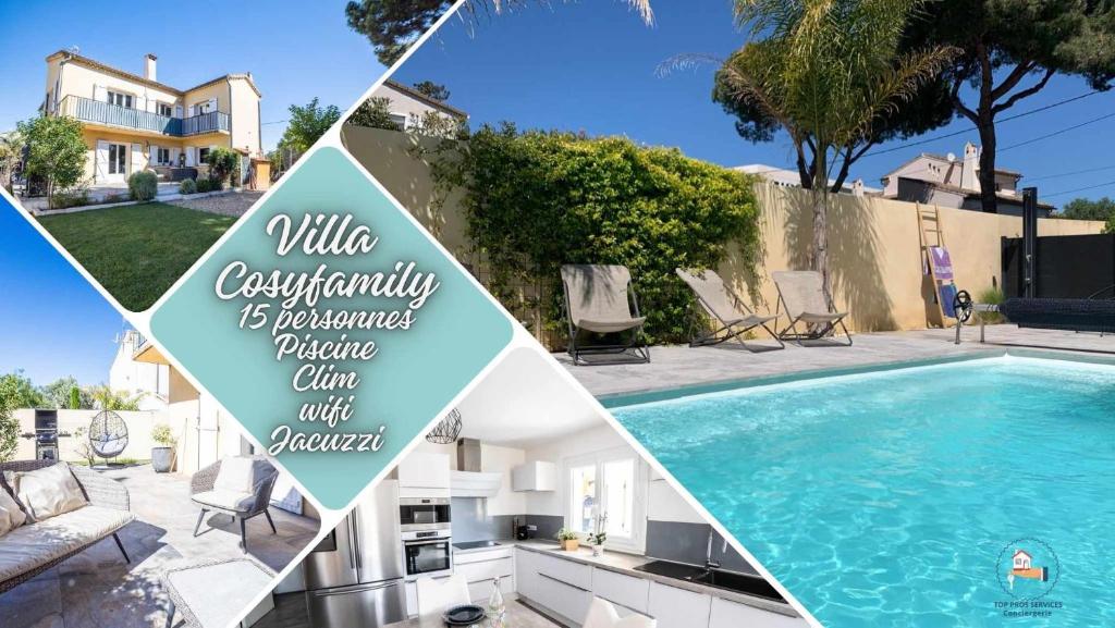 un collage de photos d'une piscine et d'une maison dans l'établissement VILLA COSYFAMILY PISCINE JACUZZI WIFI 15MIN PLAGE idéal FAMILLE - TopProsConciergerie, à Pérols
