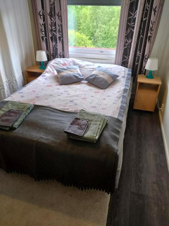 1 dormitorio con 1 cama grande con 2 almohadas y ventana en Ben's cozy home close to the river and city, en Rovaniemi