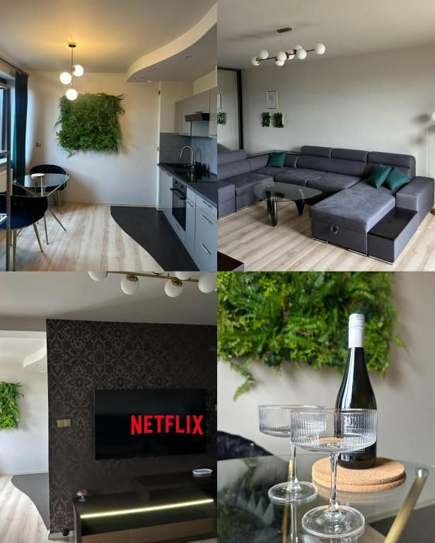 a collage of photos of a living room and a kitchen at Opera Apartment Centrum PKS PKP in Częstochowa