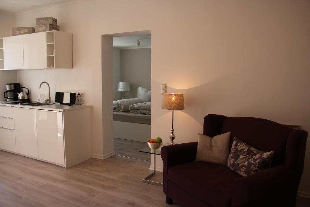 戴德斯海姆的住宿－Apartment am Weinberg，带沙发的客厅和带沙发床的厨房